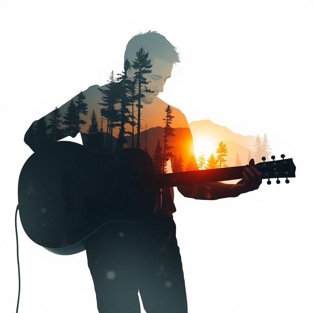 Double Exposure Guitarist: Forest and Sunset Silhouette