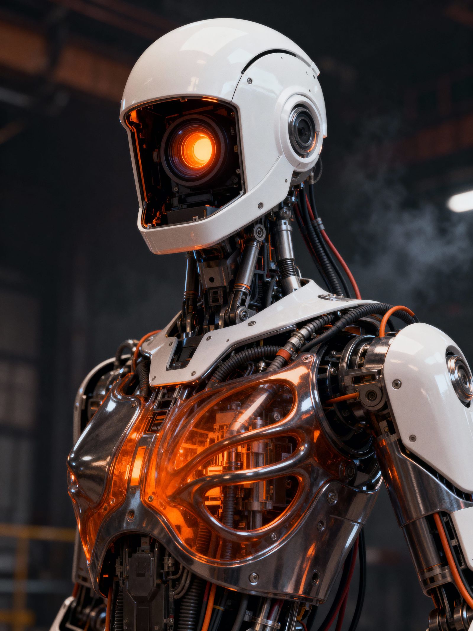 Futuristic Robot with Glowing Orange Camera Lens