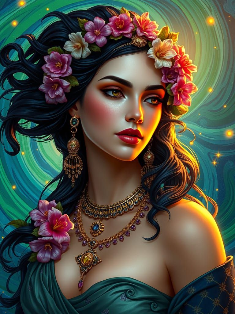 Goddess Aphrodite in Vibrant, Art Nouveau-Inspired Portrait