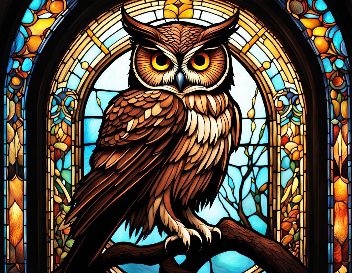 Eerie Owl Stained Glass Window in Realism Style