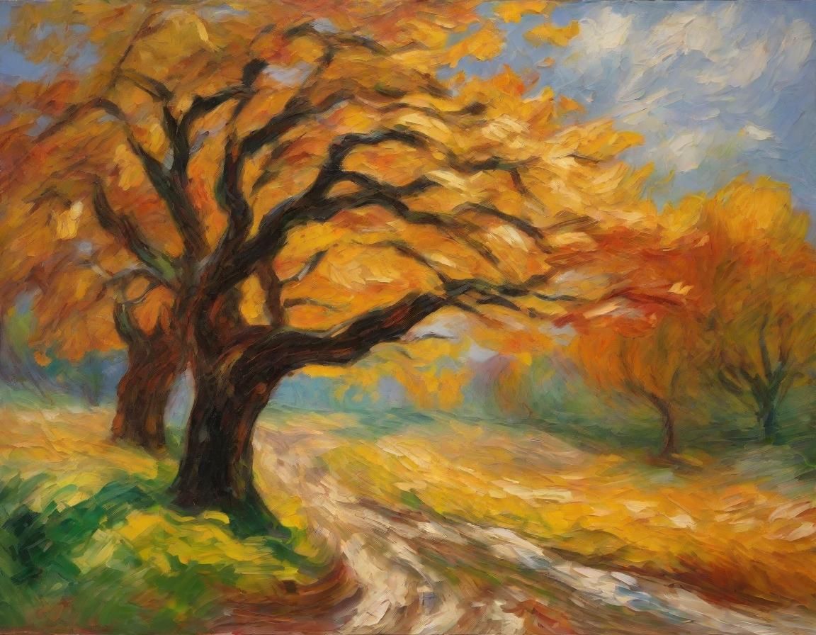 Impressionist Trees Bending in Wind with Swirling Leaves