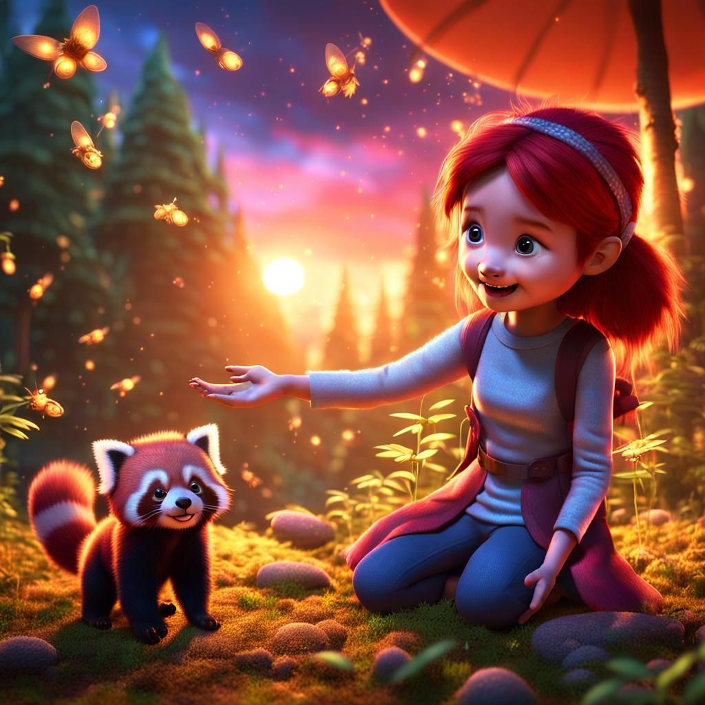 Fairytale Forest: Toddler, Panda, Fireflies in Sunset