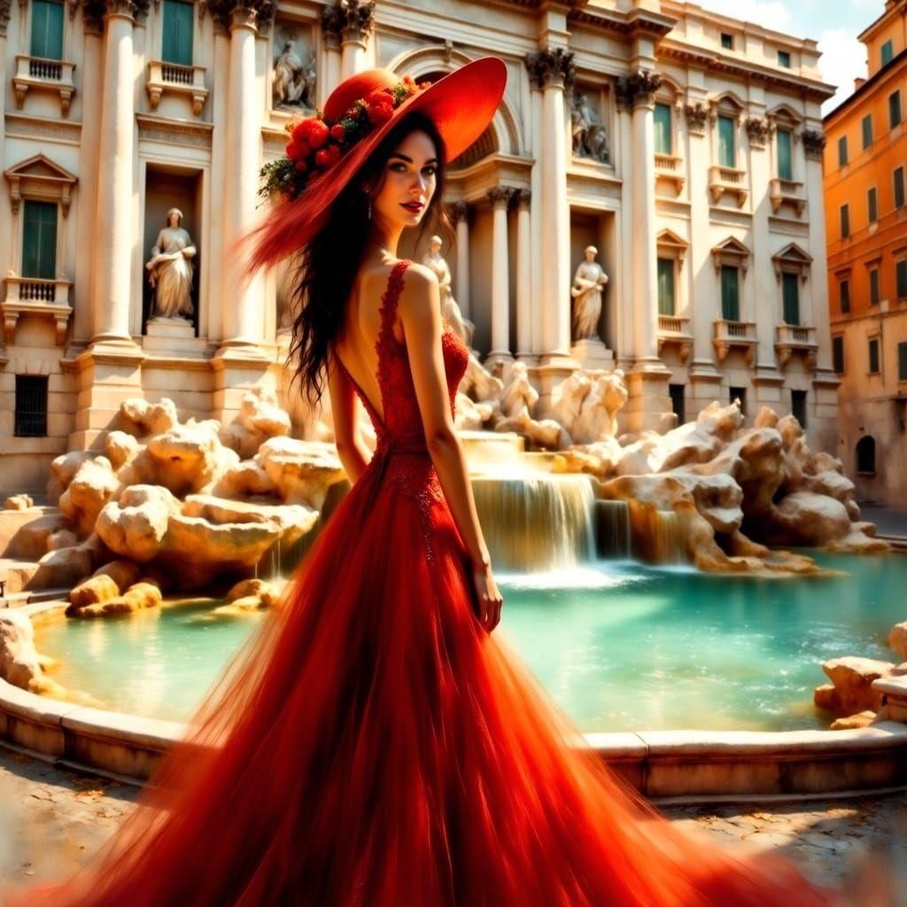 Woman in Red Dress at Trevi Fountain