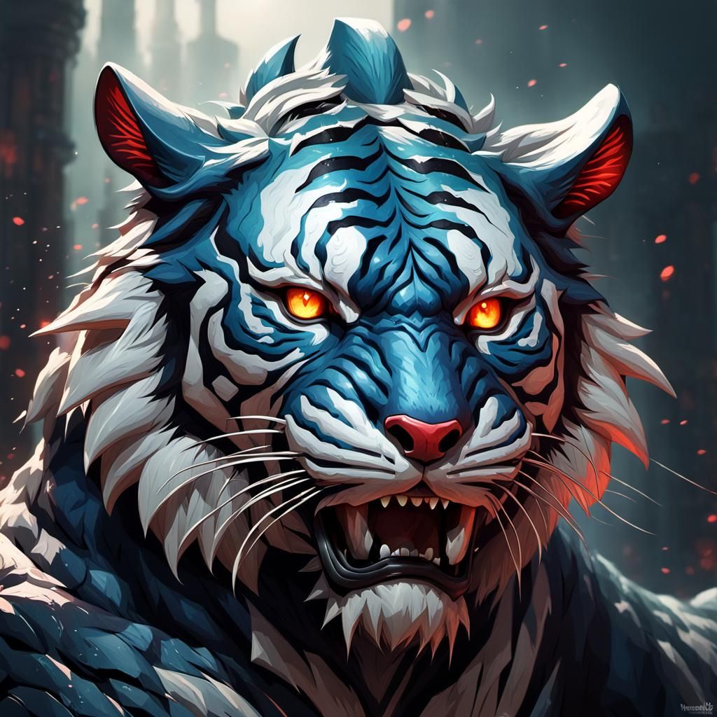 Demonic Tiger Kaiju Portrait in Hyperdetailed Style