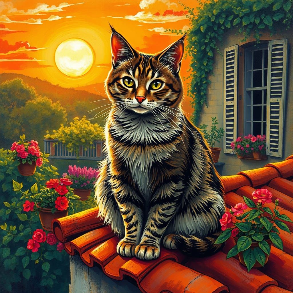 Regal Cat Basks in Impressionist French Countryside Sunset