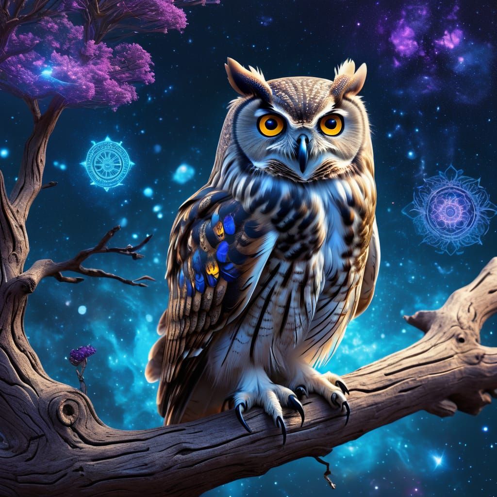 Majestic Clockwork Owl in Ethereal Nebula