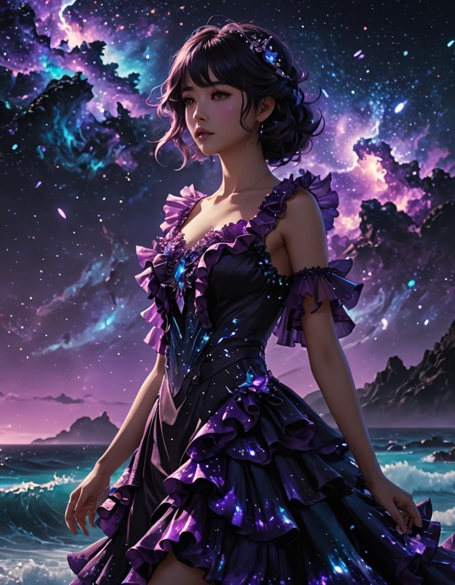 Bioluminescent Ocean Under Nebula Sky in Anime Style
