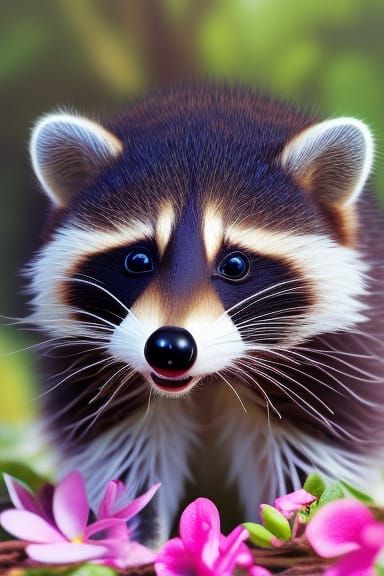 Happy Raccoon Surrounded by Flowers in Oil Painting Style