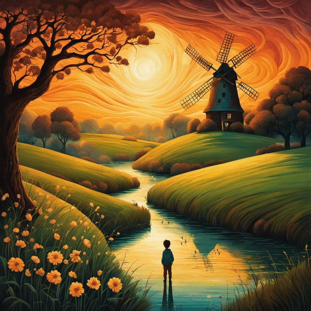 Fairytale Windmill Landscape with Boy, Whimsical Art
