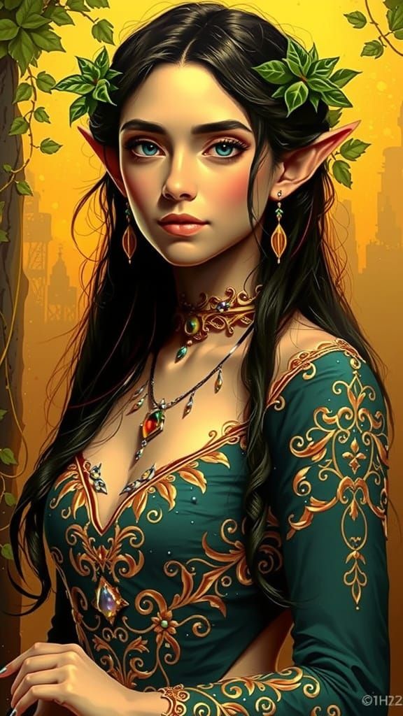 Impressionist Elven Maiden in Wedding Dress with Gold Filigr...