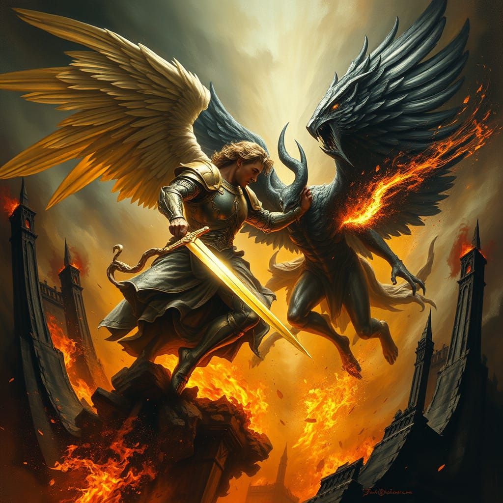 Archangel Michael Battles Dark Lucifer in Epic, Baroque-Insp...