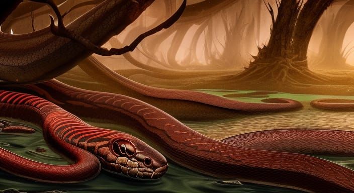 Striking Brown and Red Striped Snake in Swamp