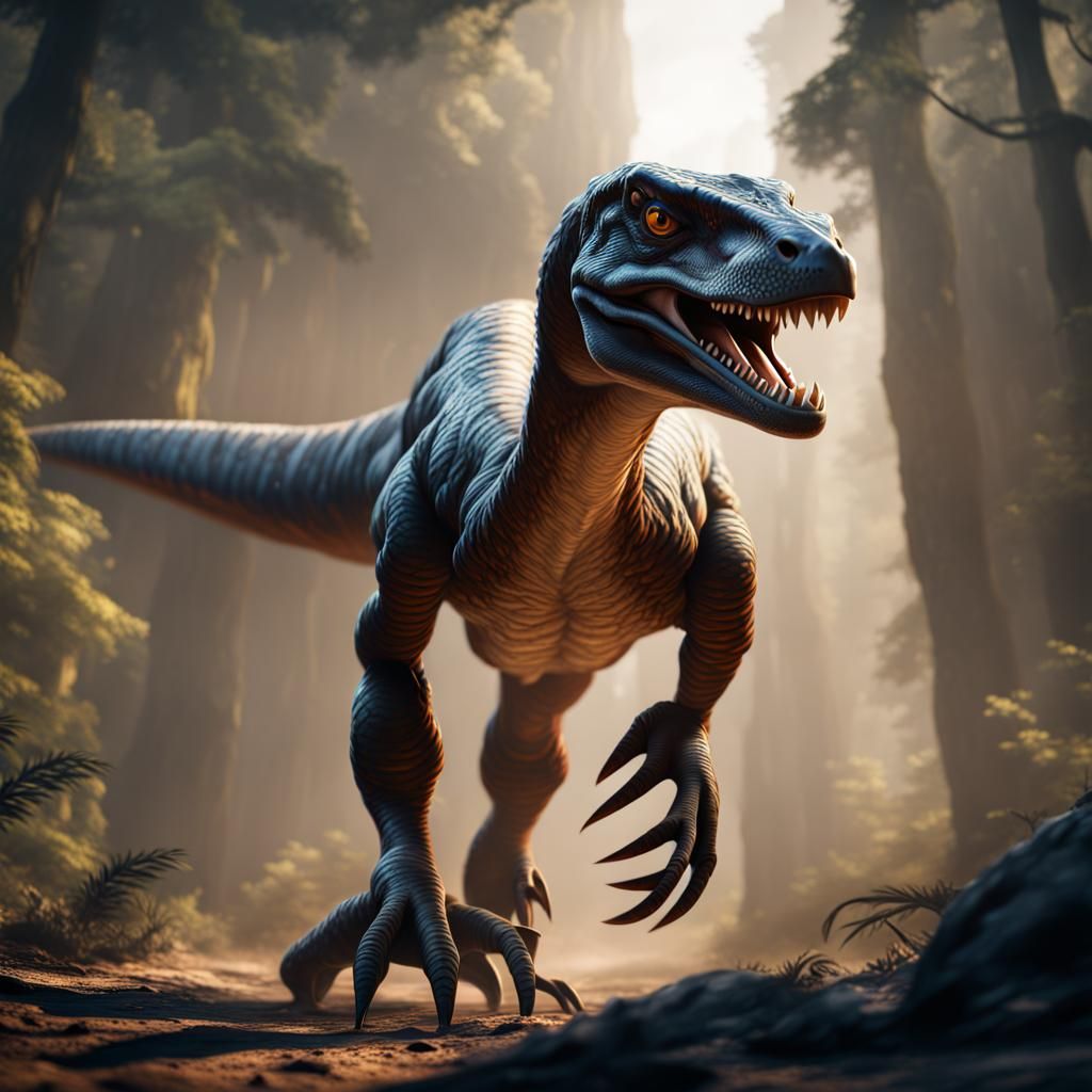 Velociraptor Roaring Upwards in Detailed Matte Painting