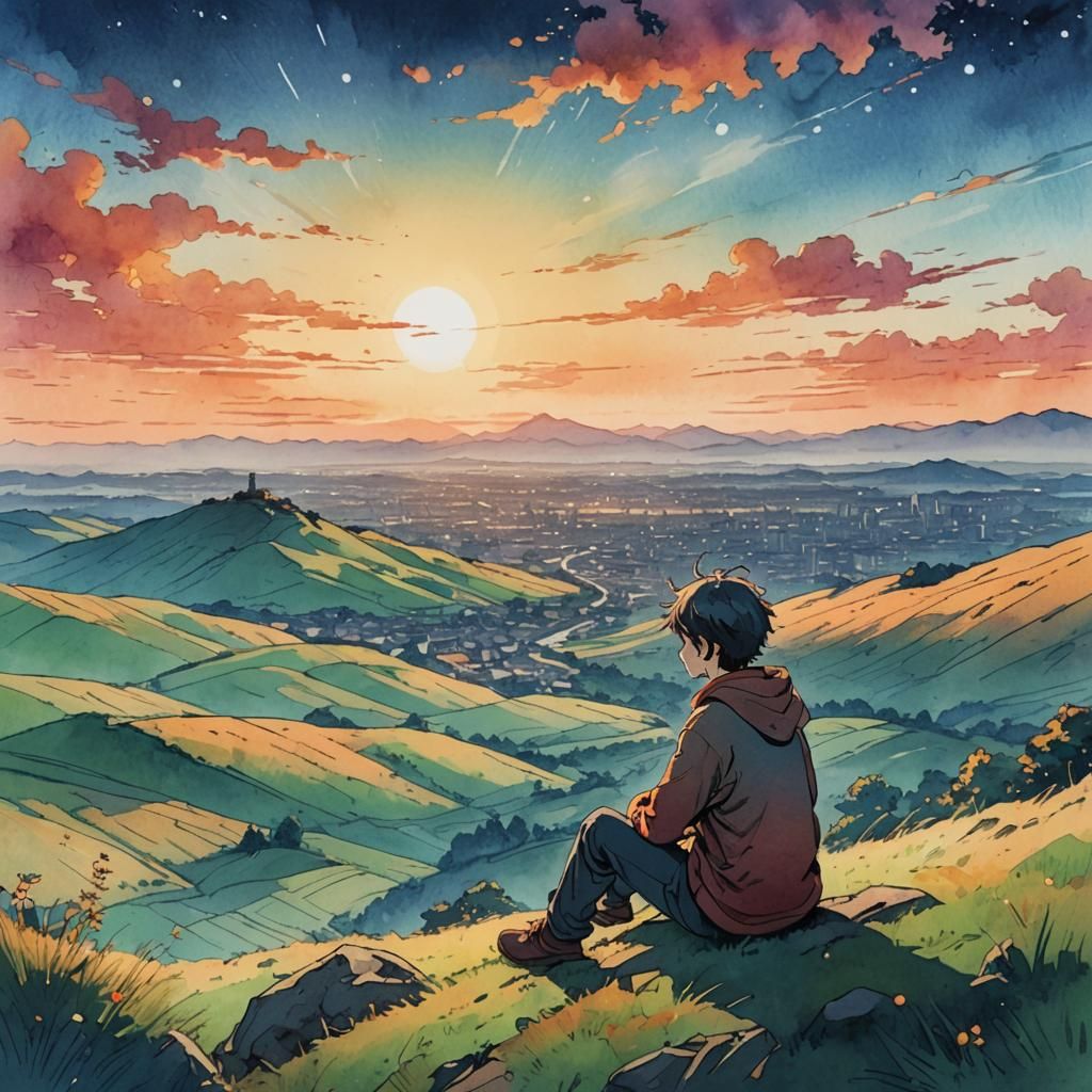 Anime Portrait of Solitary Figure Under Sunset Sky