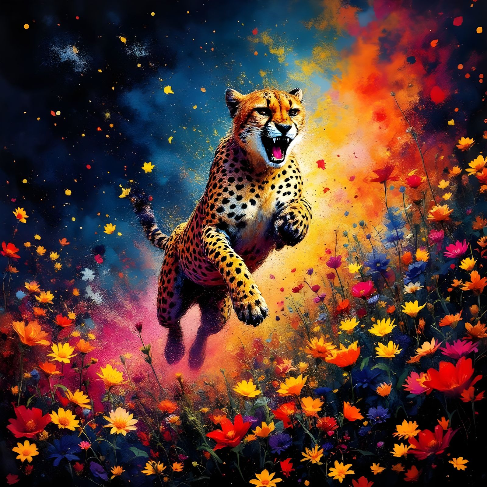 Cheetah Leaping Through Flowers in Spray Paint Style