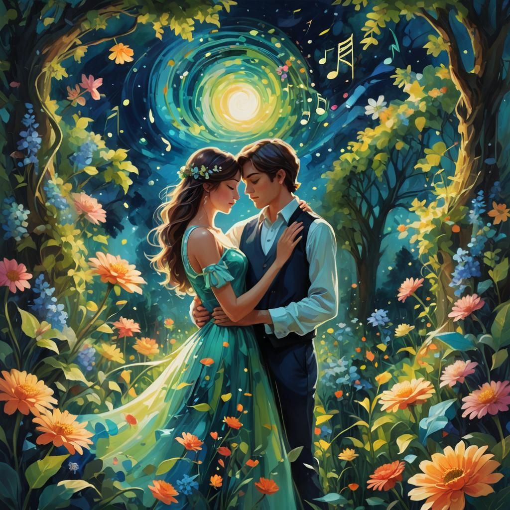 Romantic Couple in Moonlit Garden, Oil on Canvas