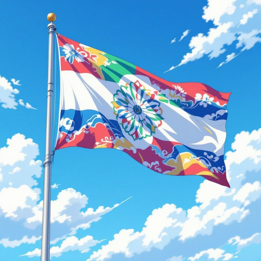 Vibrant Anime Flag Waving Against a Blue Sky