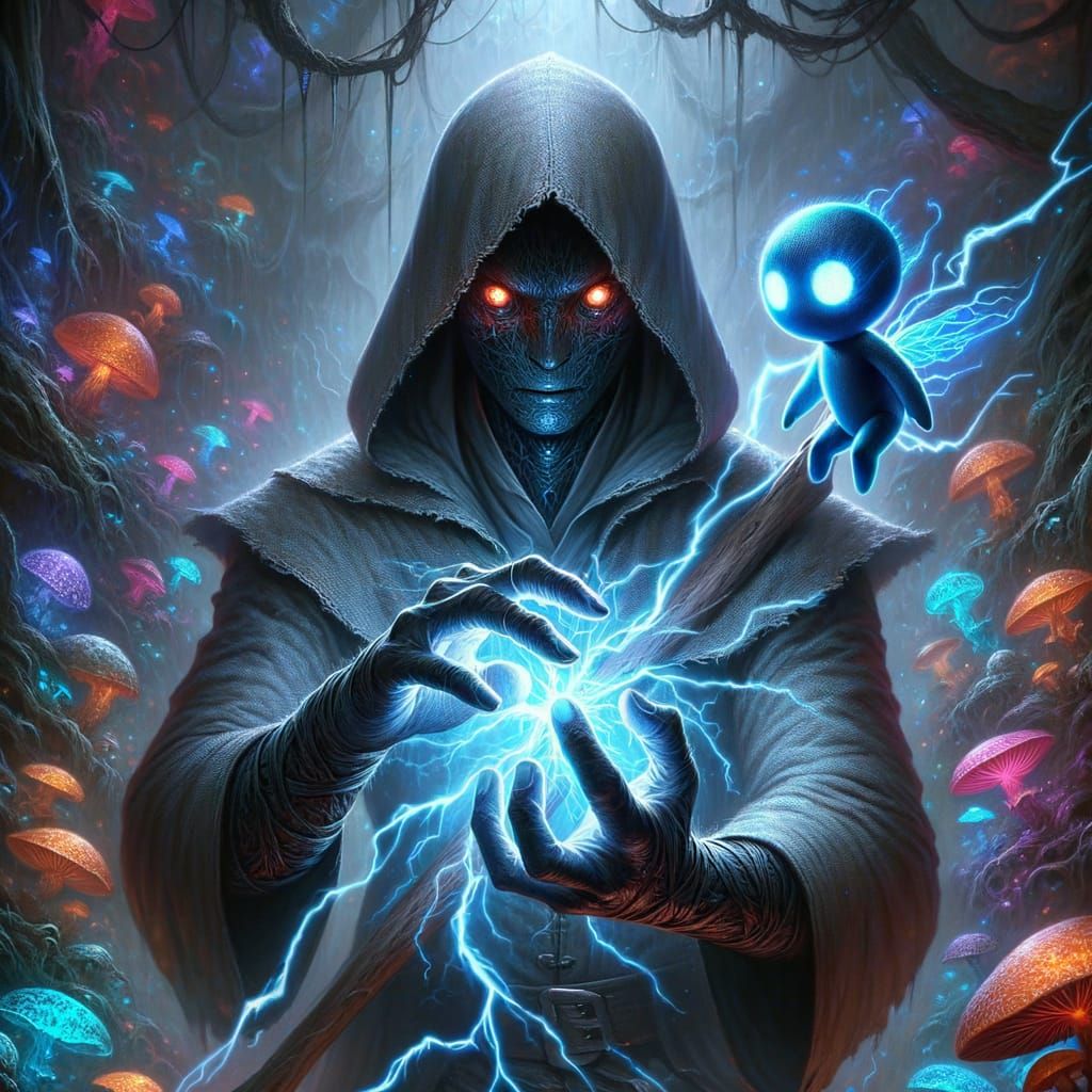 Sorcerer Conjuring Lightning in Bioluminescent Cave