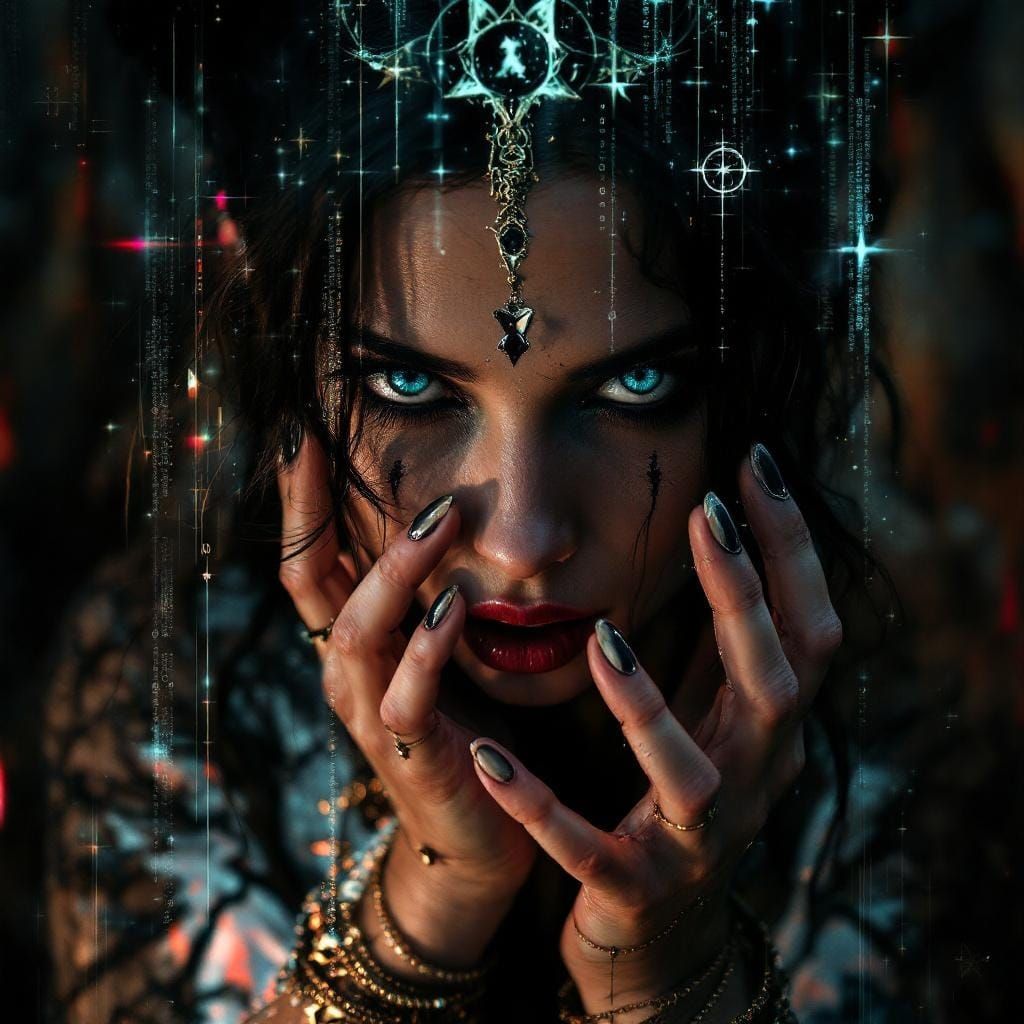 Young Witch Performing Dark Ritual with Glitch Photography E...