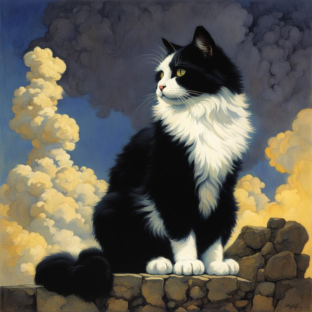 Fluffy Cat in Maxfield Parrish Style