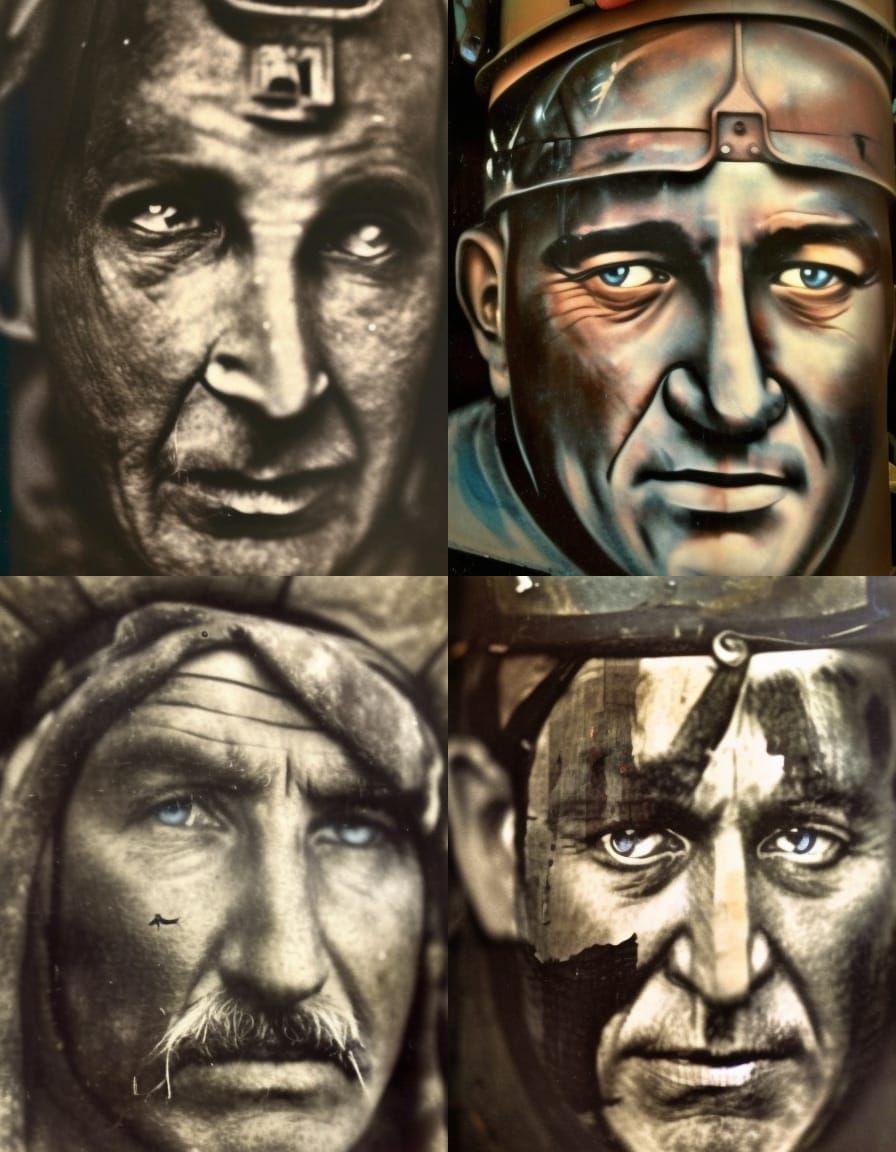 Close up picture of the face of a tired coal miner by artist Steve mc Curry by artist Constants n Meunier collage 1900s ...