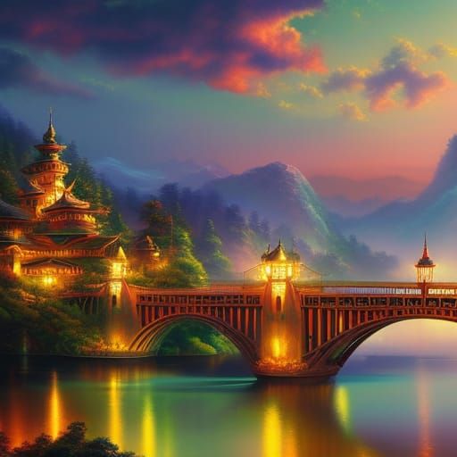 Origami Bridge in Forest, 3D Render, Anime Art Style