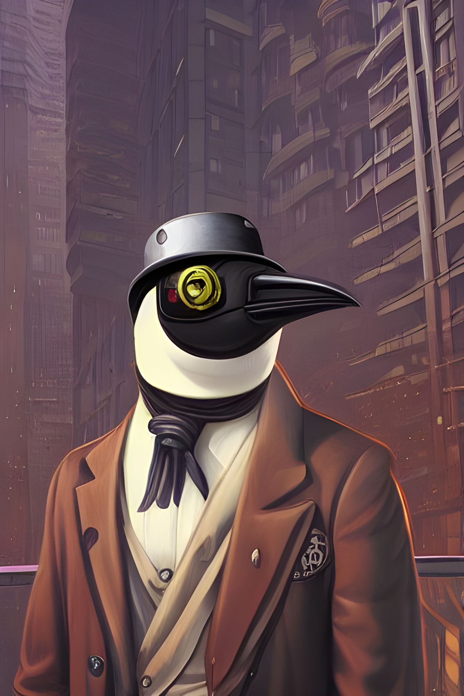 Steampunk Penguin Portrait in Cyberpunk City