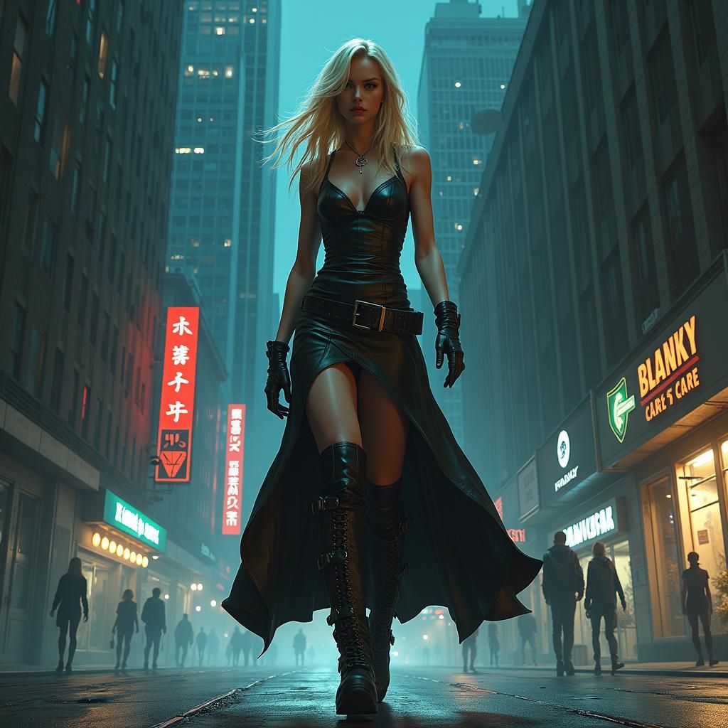 Tall Blonde Woman in Dark Fantasy Cityscape