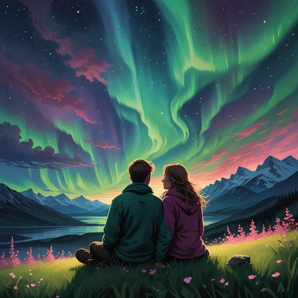 Dreamy Pastel-Colored Couple Under Starry Whimsical Sky