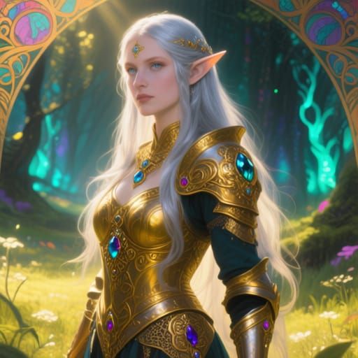 Elven Woman in Bioluminescent Forest, Art Nouveau Style