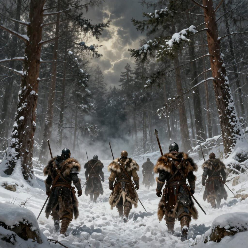 Wandering Warriors in Snowy Forest, Wild Hunt Legends
