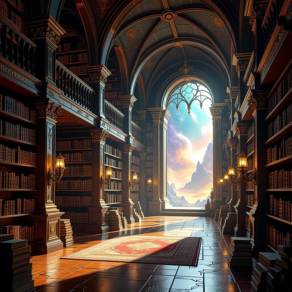 Grand Library with Cosmic Portal in Fantasy Illustration Sty...