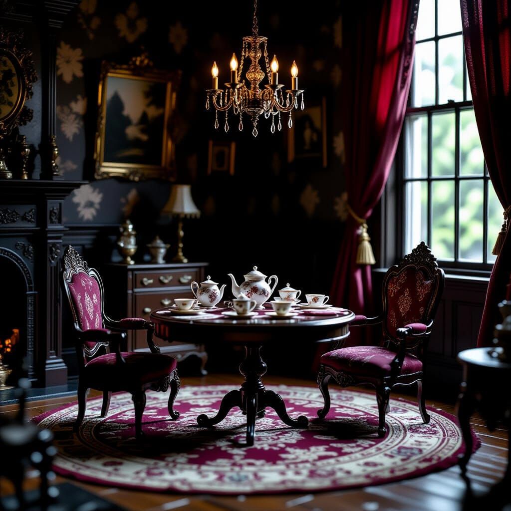 Haunted Victorian Parlor Diorama with Spectral Tea Settings