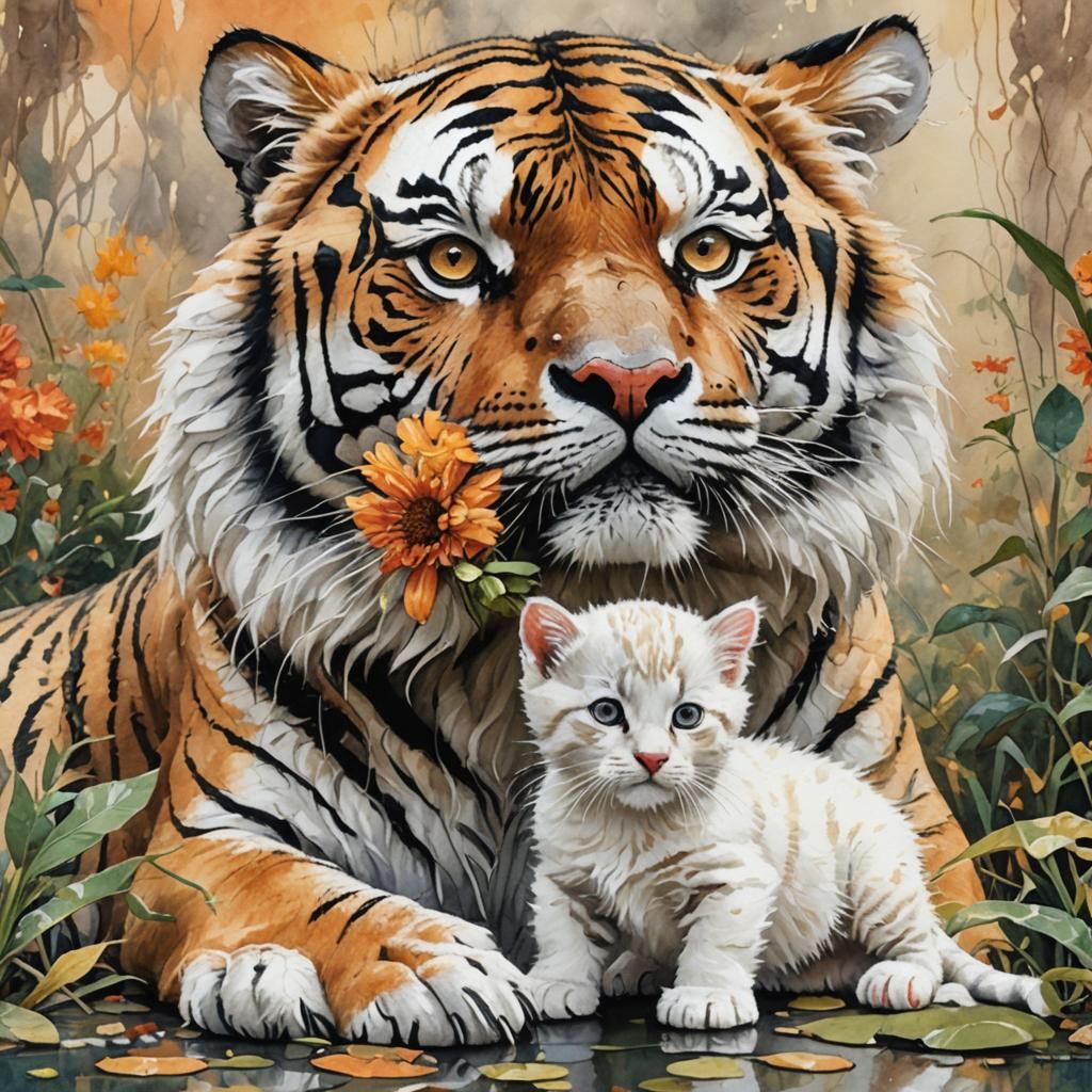 Tiny Kitten and Large Tiger in Impressionist Style