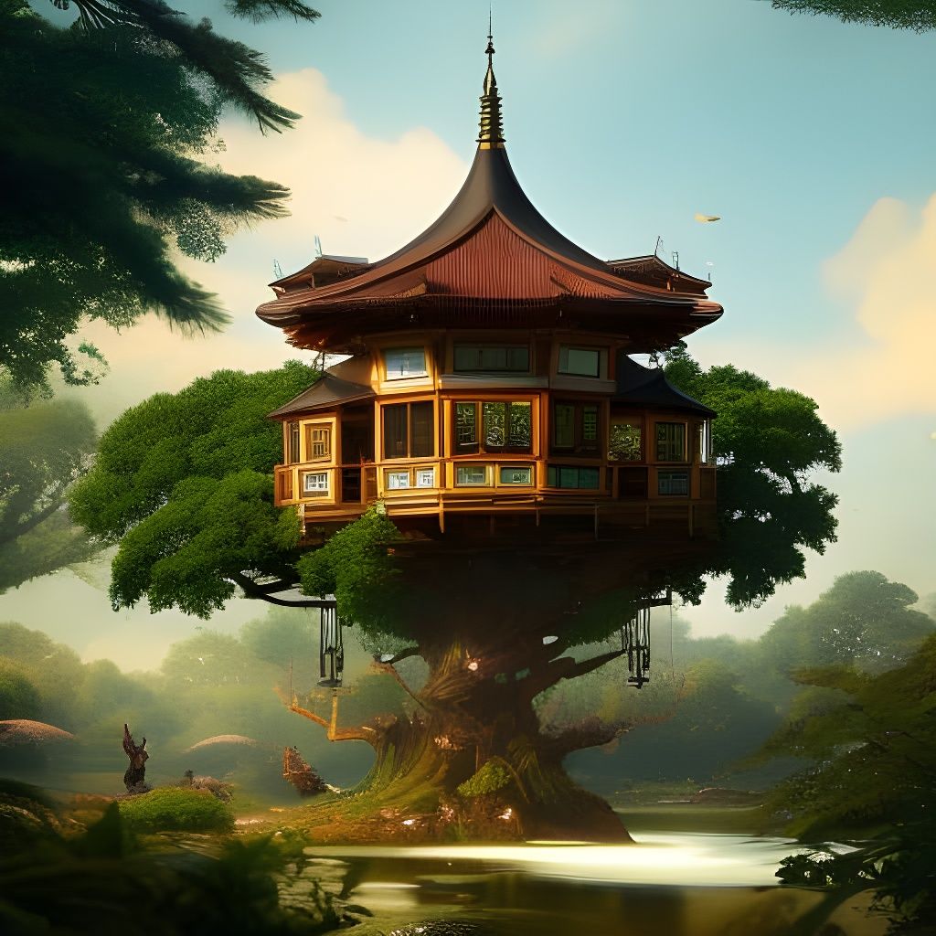 Steampunk Treehouse by Pond, Art Nouveau Architecture