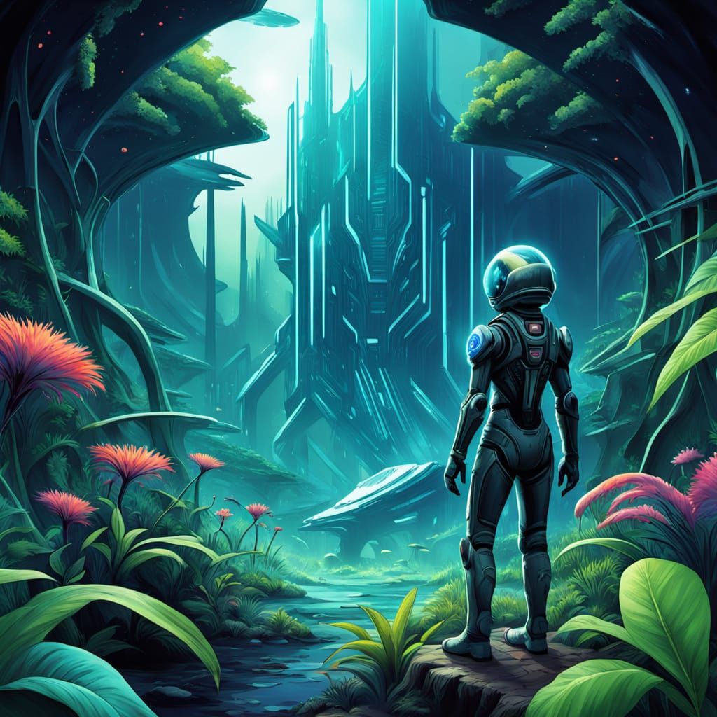Astronaut Explores Vibrant Alien Jungle in Sci-Fi Style