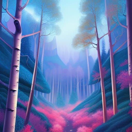 Lush Forest Beneath Mountains in Fantasy Art Style