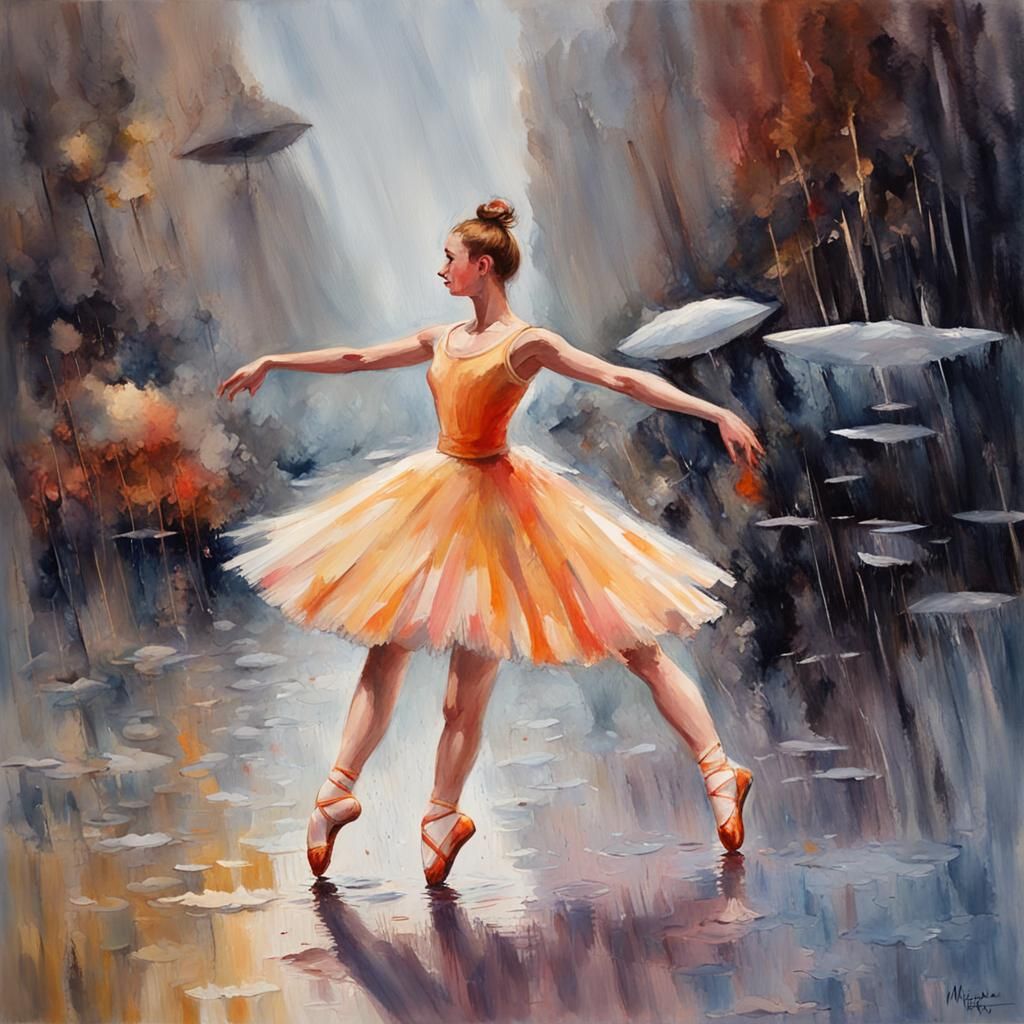Raindrop Ballerinas: Gouache Style Impressionist Masterpiece