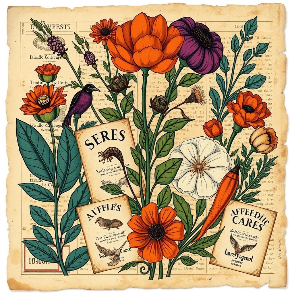 Retro Botanical Poster with Vintage Ephemera Collage