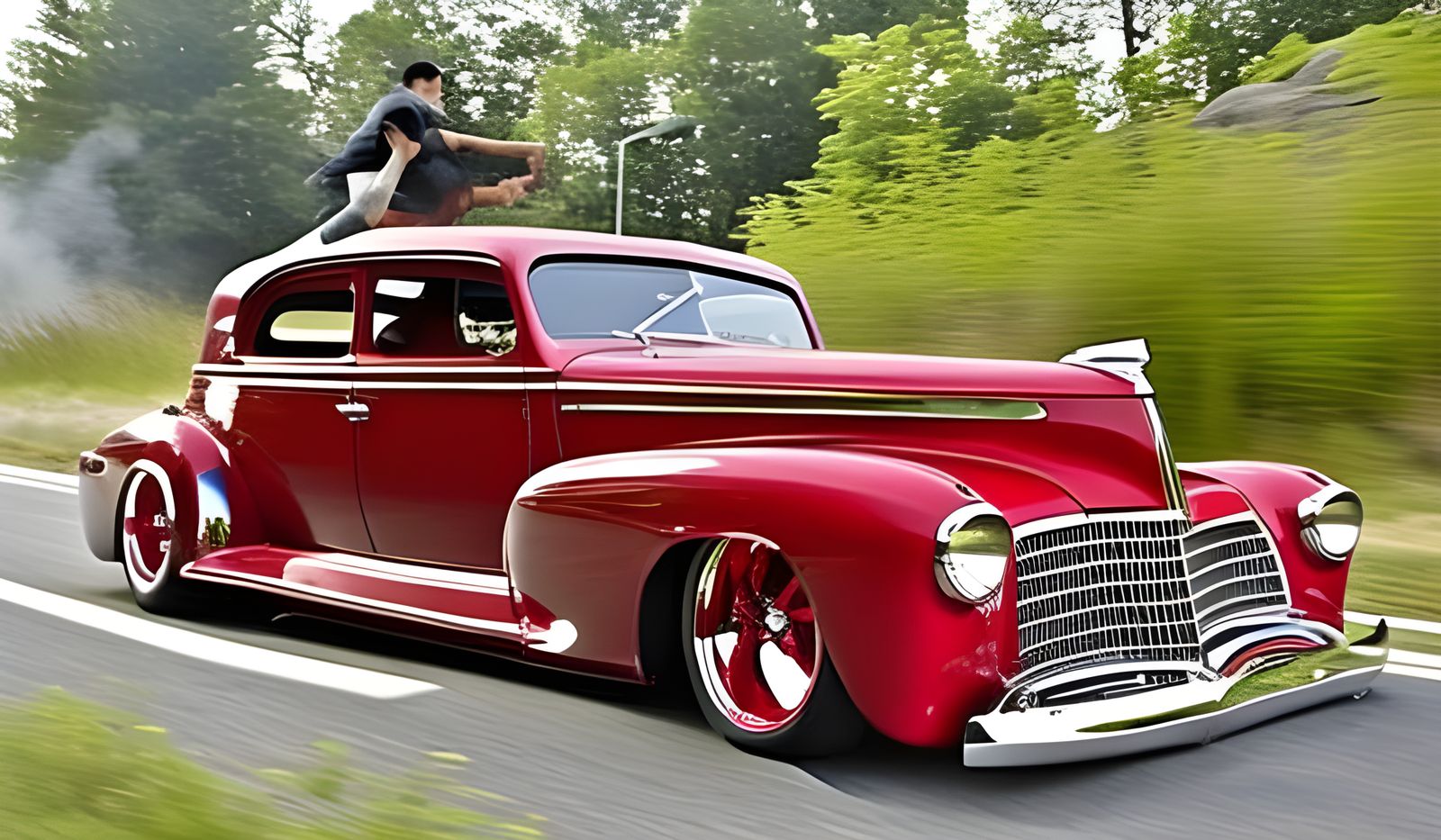 Candy Red Lowrider Burnout on Highway, Hyper-Detailed