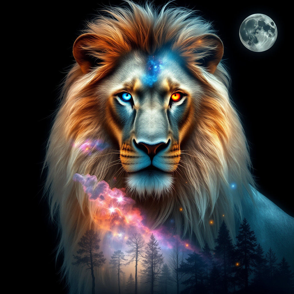 Ethereal Lion with Dreamlike Landscape, Digital Art