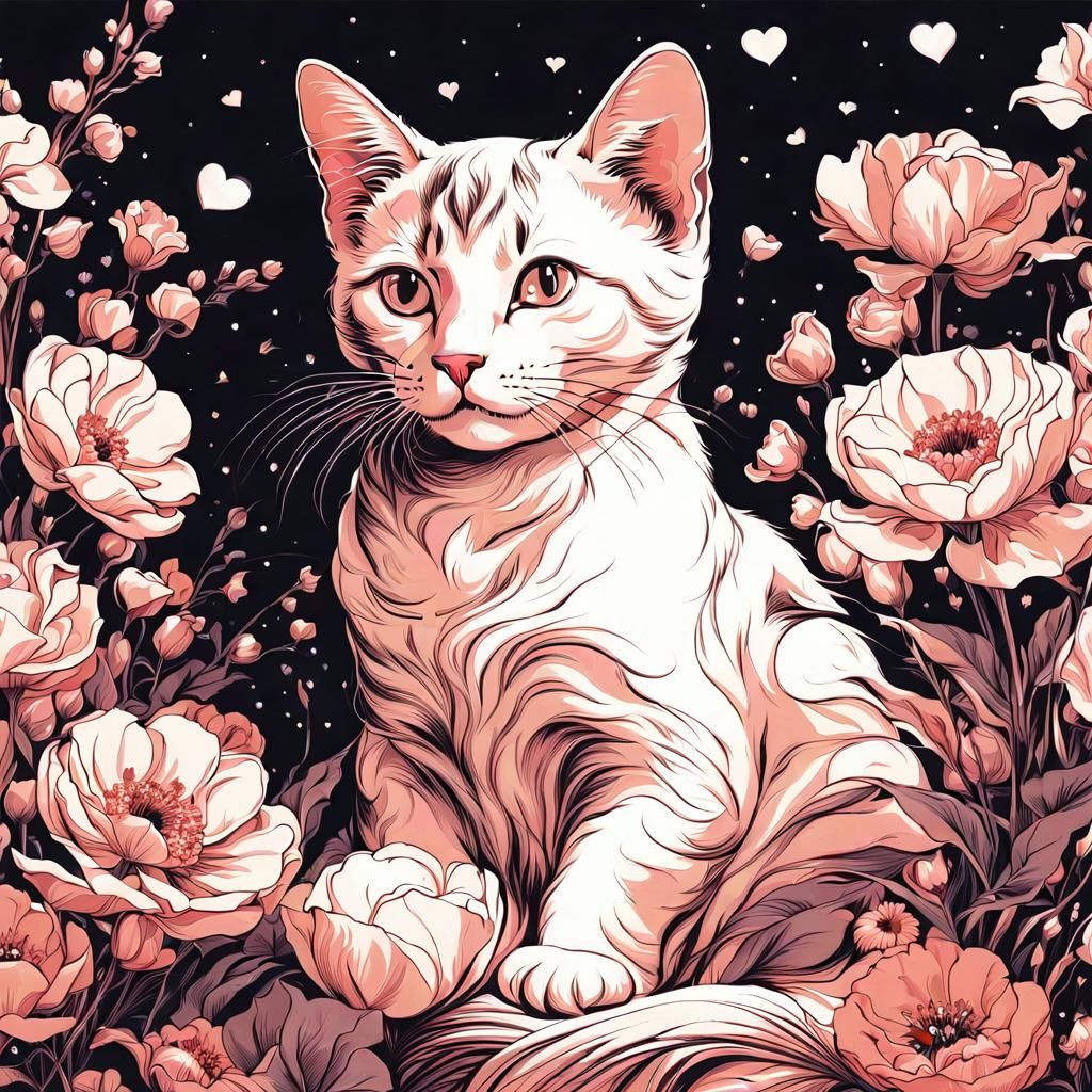 Cute Cat Surrounded by Flowers in Art Deco Style