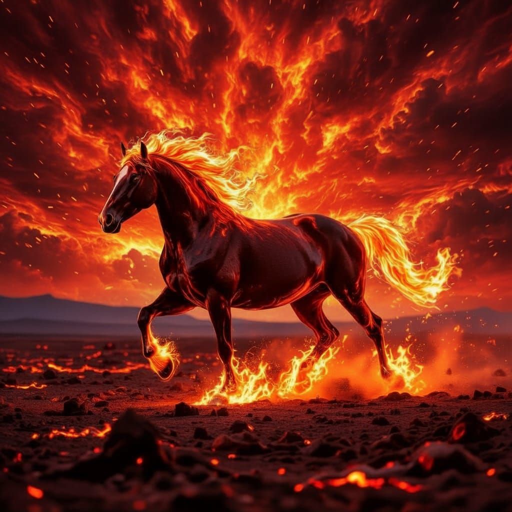 Fiery Horse Gallops Through Volcanic Landscape