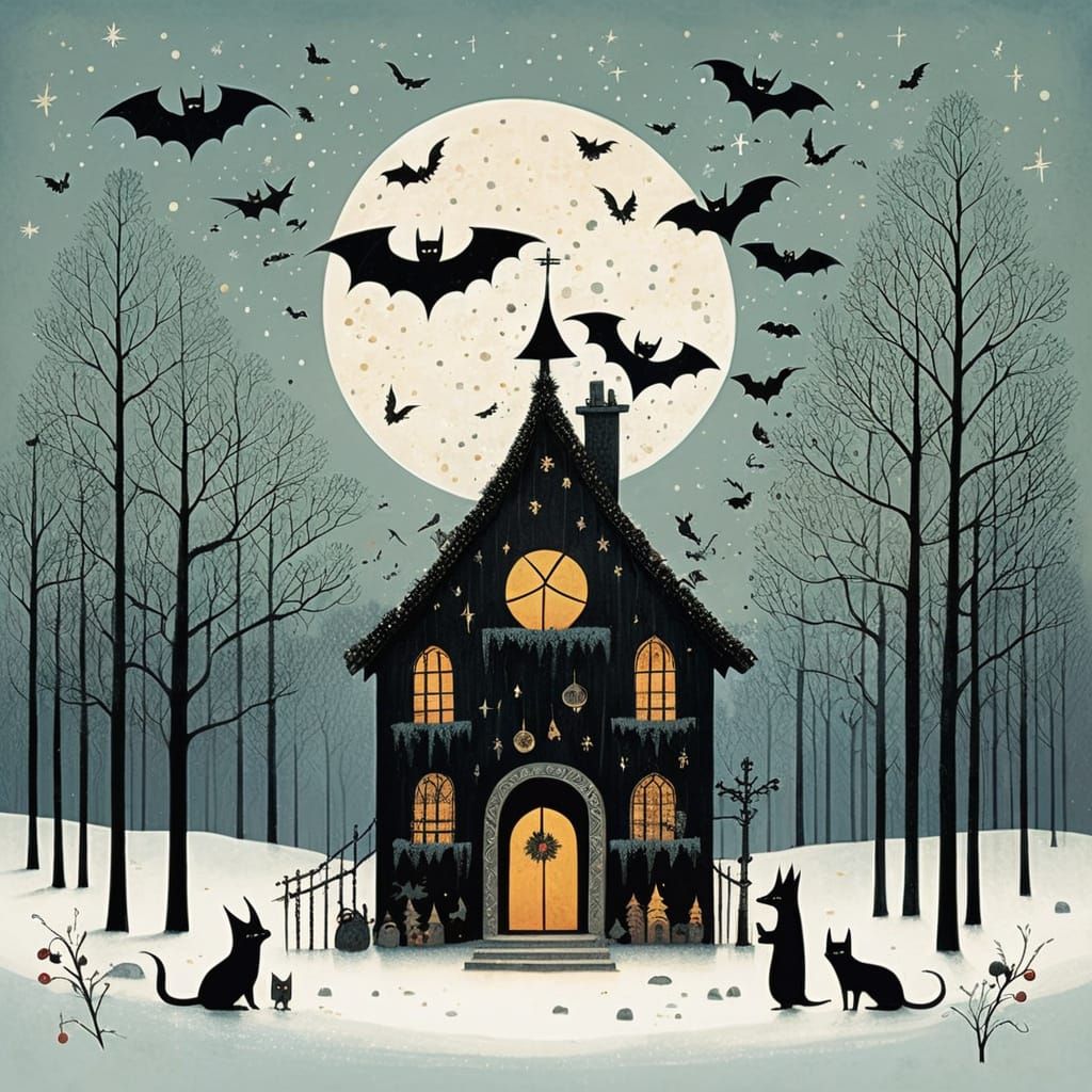 Whimsical Bats Celebrate Christmas in Festive Art Style