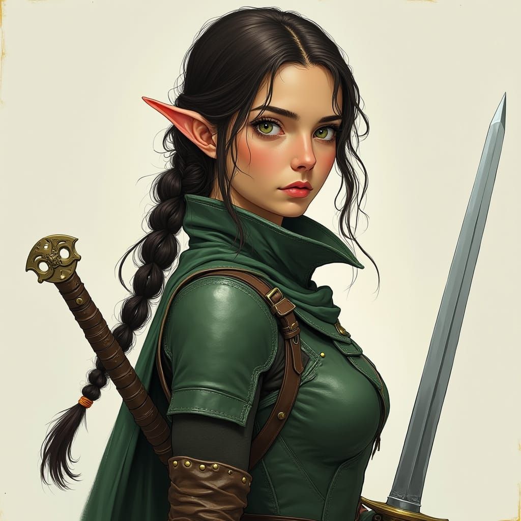 Half-Elf Fighter in D&D Hand-Drawn Style