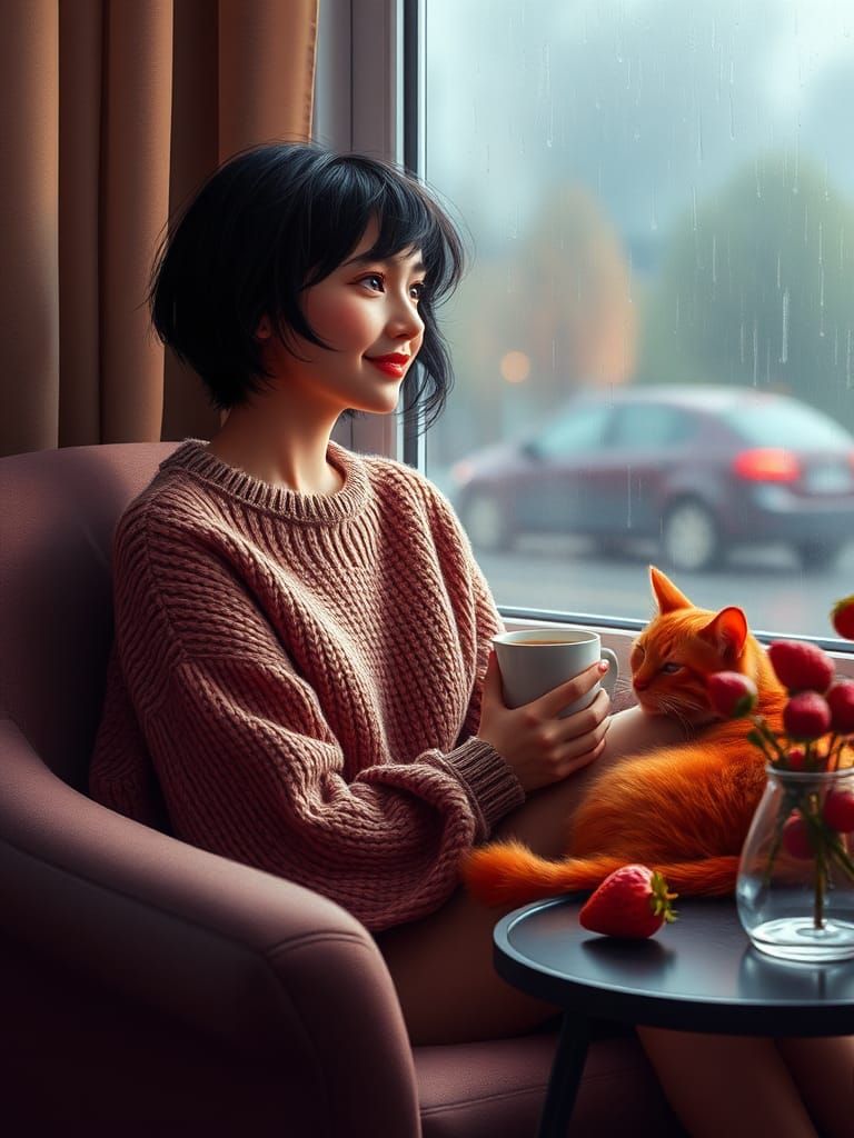 Woman Gazing at Rain: Synthwave Neon Digital Art