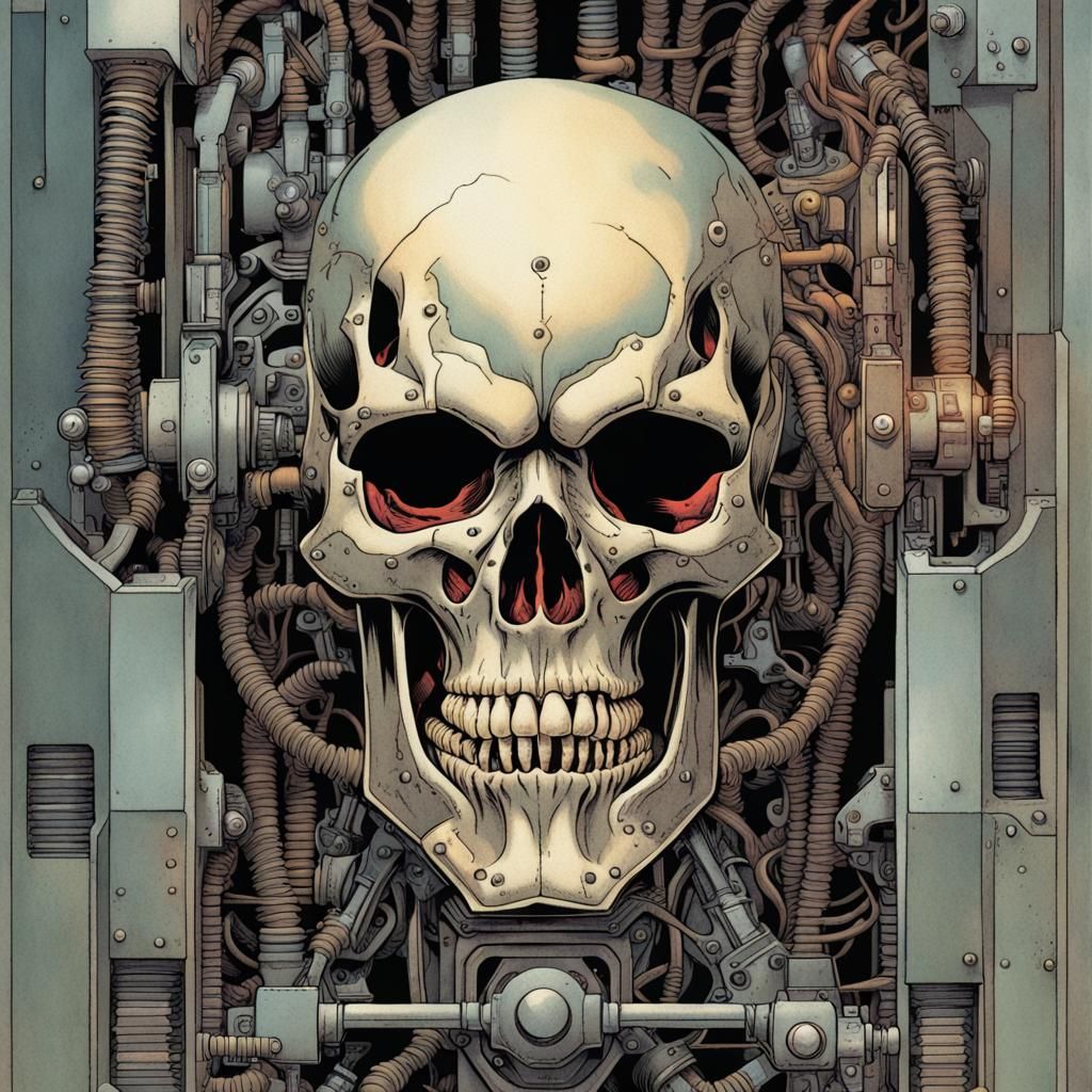 Biomechanical Skull in 80s Comic Book Style