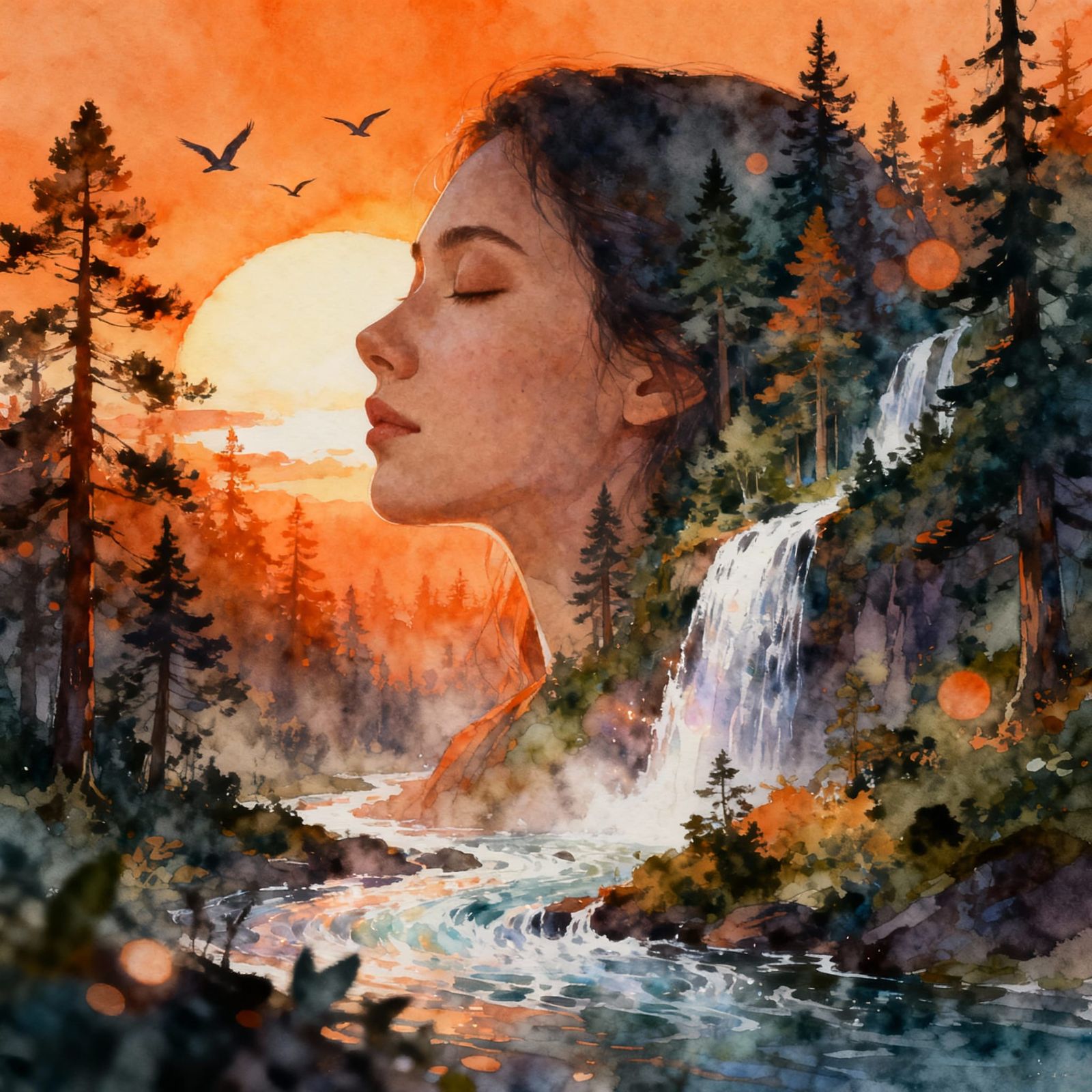 Serene Woman Merges With Vibrant Forest Landscape