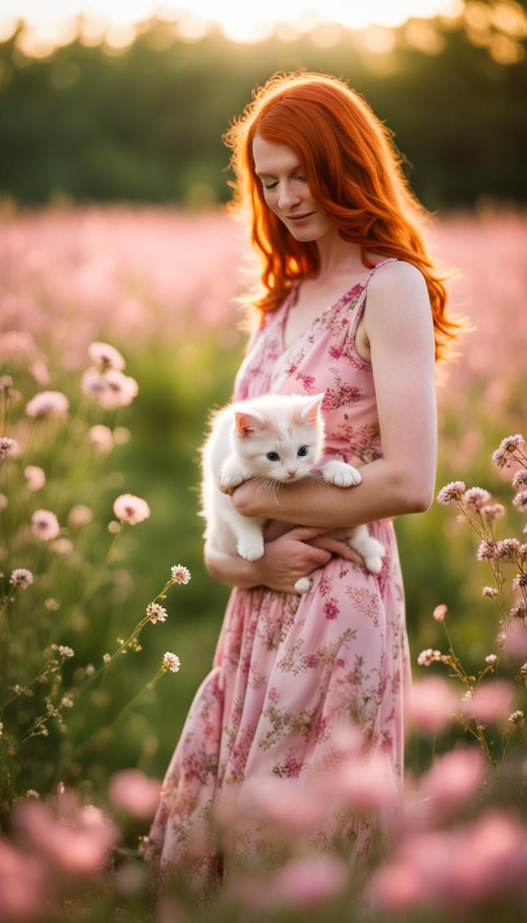 Woman with Kitten in Flower Field, Professional Photography