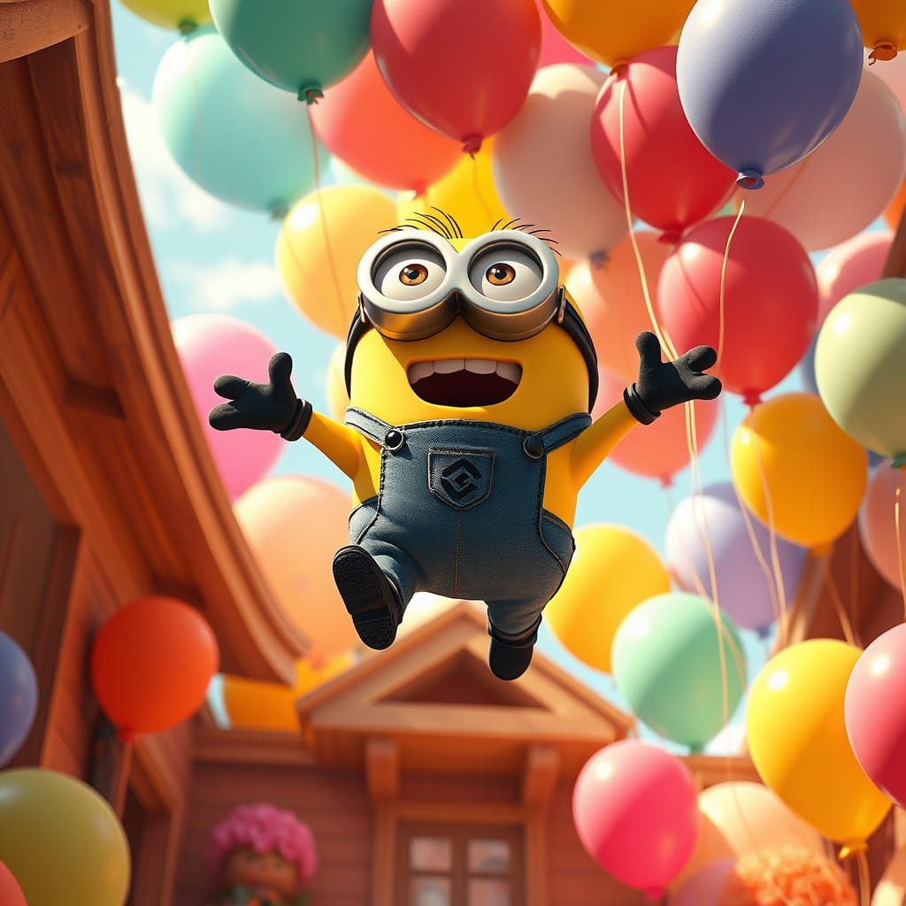 Whimsical Minion Soars Through Colorful Balloon House